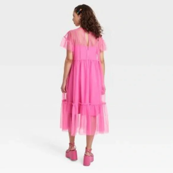 NEW Adult Short Sleeve Tulle A-Line Dress • Barbie Pink - Picture 2 of 5